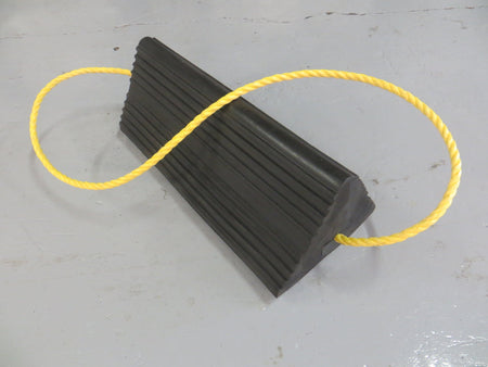 Heavy-duty rubber aircraft wheel chock with yellow carry rope