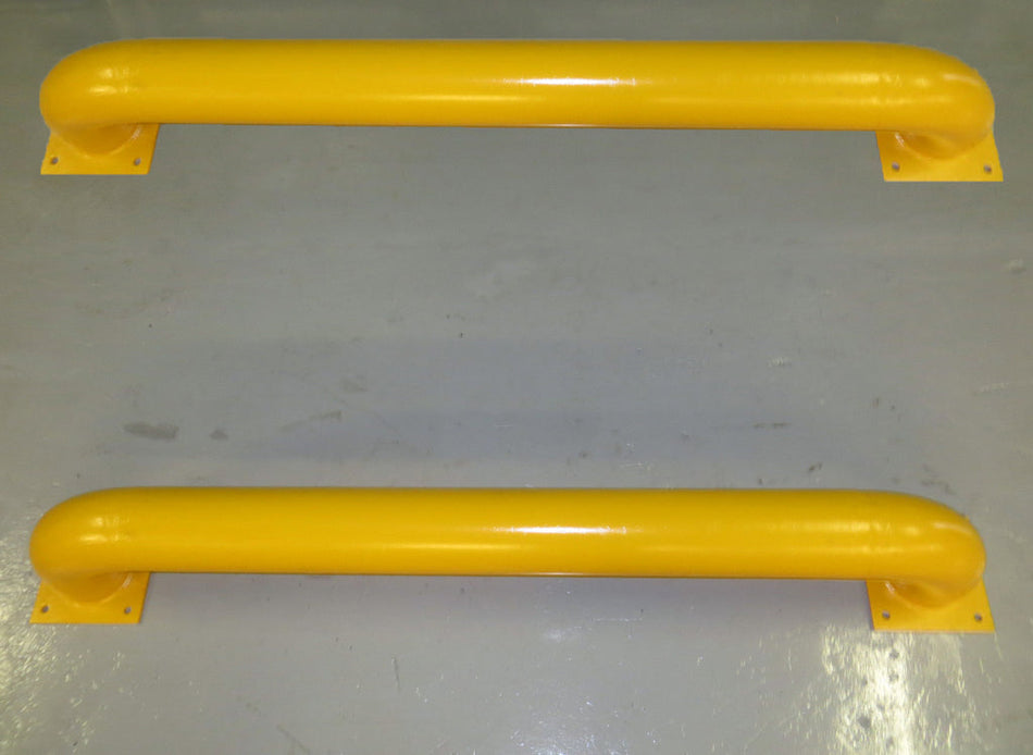 Heavy-duty straight galvanised steel loading bay wheel guides in RAL 1028 yellow