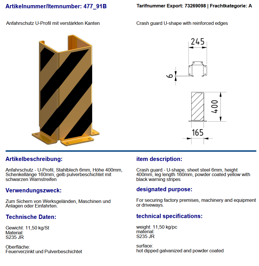 Zaštita paletnih regala - Crash Guard - U-oblik s ojačanim rubovima